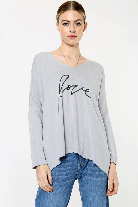 Grey fine knit top with 'Love' script front, long sleeves, scoop neck