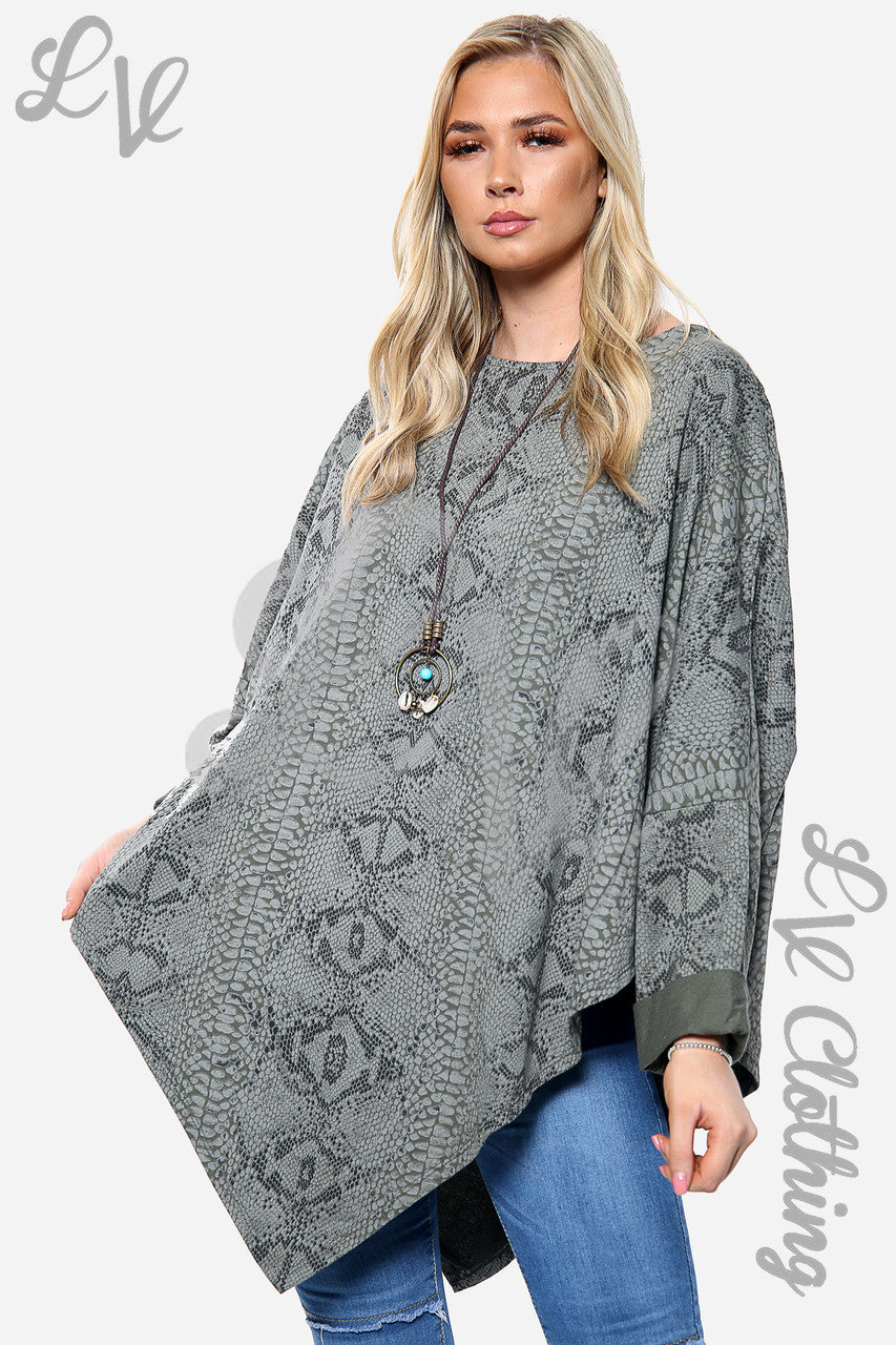 Dames Snake Print Oversized V Hals Ketting Top Kaki Stukprijs € 10,99