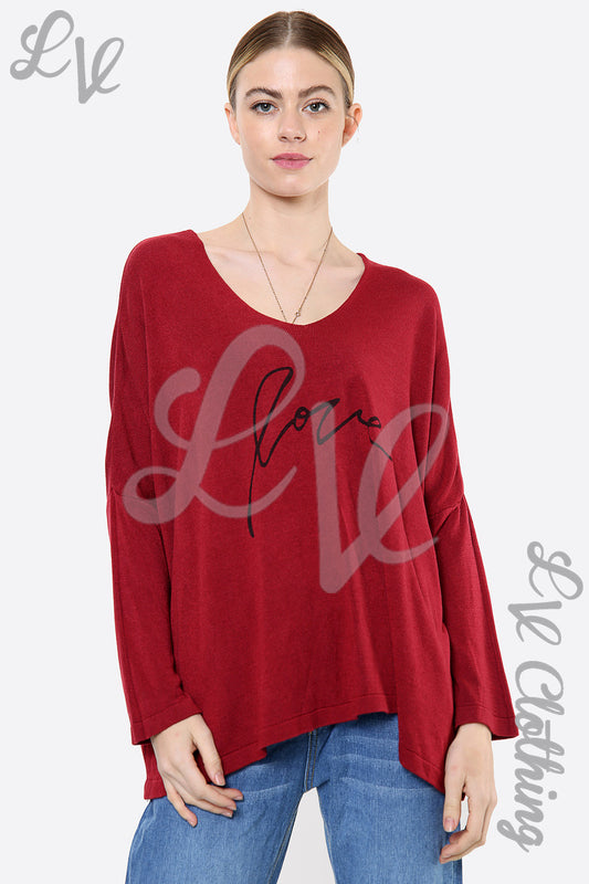 Burgundy fine-knit top with wide neckline and long sleeves, Love script print