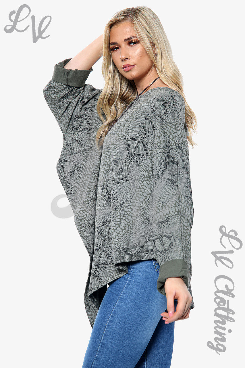 Dames Snake Print Oversized V Hals Ketting Top Kaki Stukprijs € 10,99