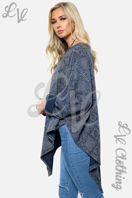Navy snake print oversize V-neck top with long batwing sleeves