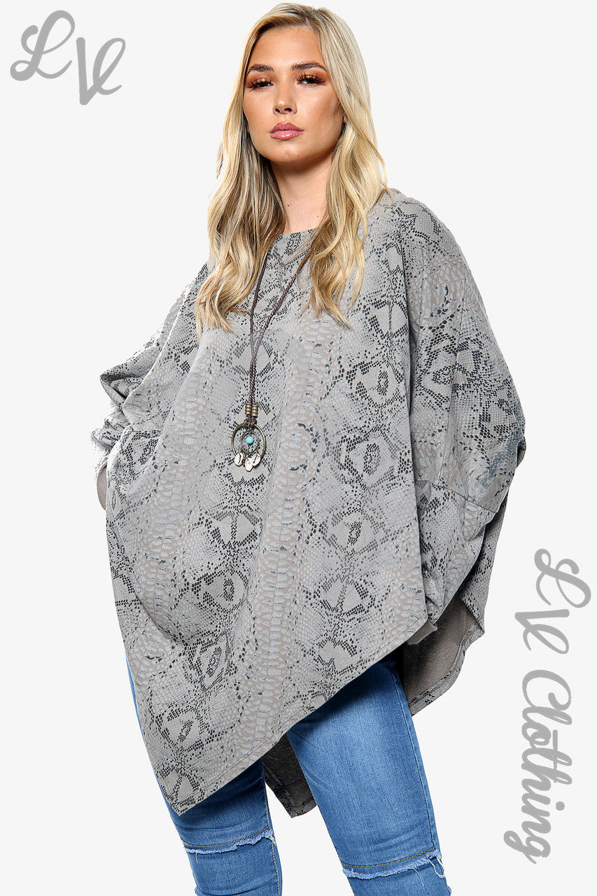 Ladies Snake Print Oversize V Hem Necklace Top Taupe Unit Price £10.99
