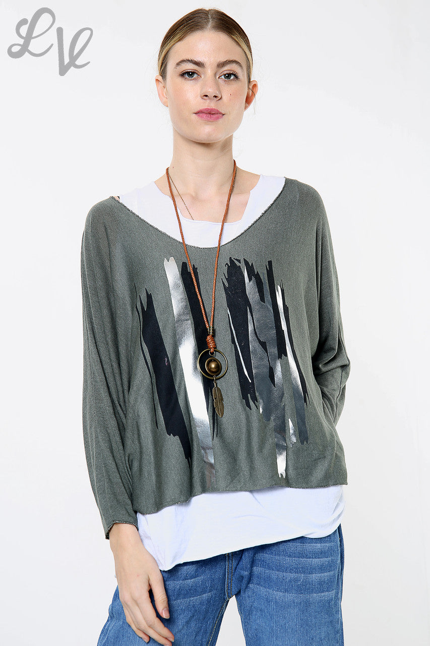 Ladies Two Layered Foil Lines Design Top Khaki Unit Price WAS £8.99 NOW £5.99