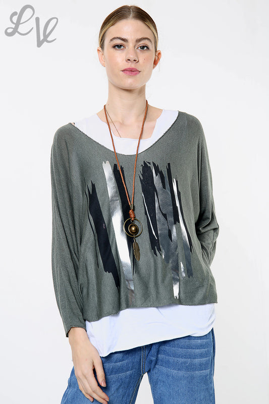 Ladies Two Layered Foil Lines Design Top Khaki Unit Price WAS £8.99 NOW £5.99