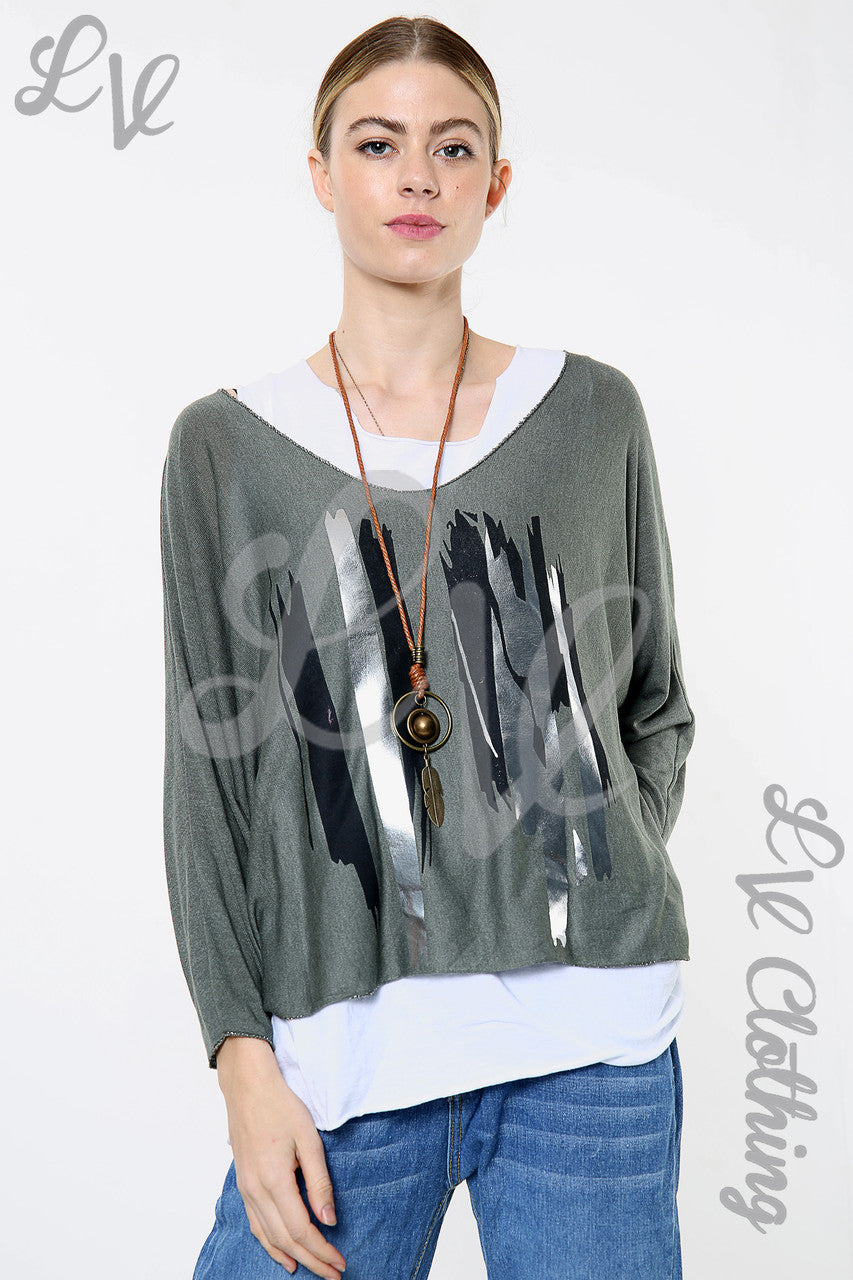 Ladies Two Layered Foil Lines Design Top Khaki Unit Price WAS £8.99 NOW £5.99
