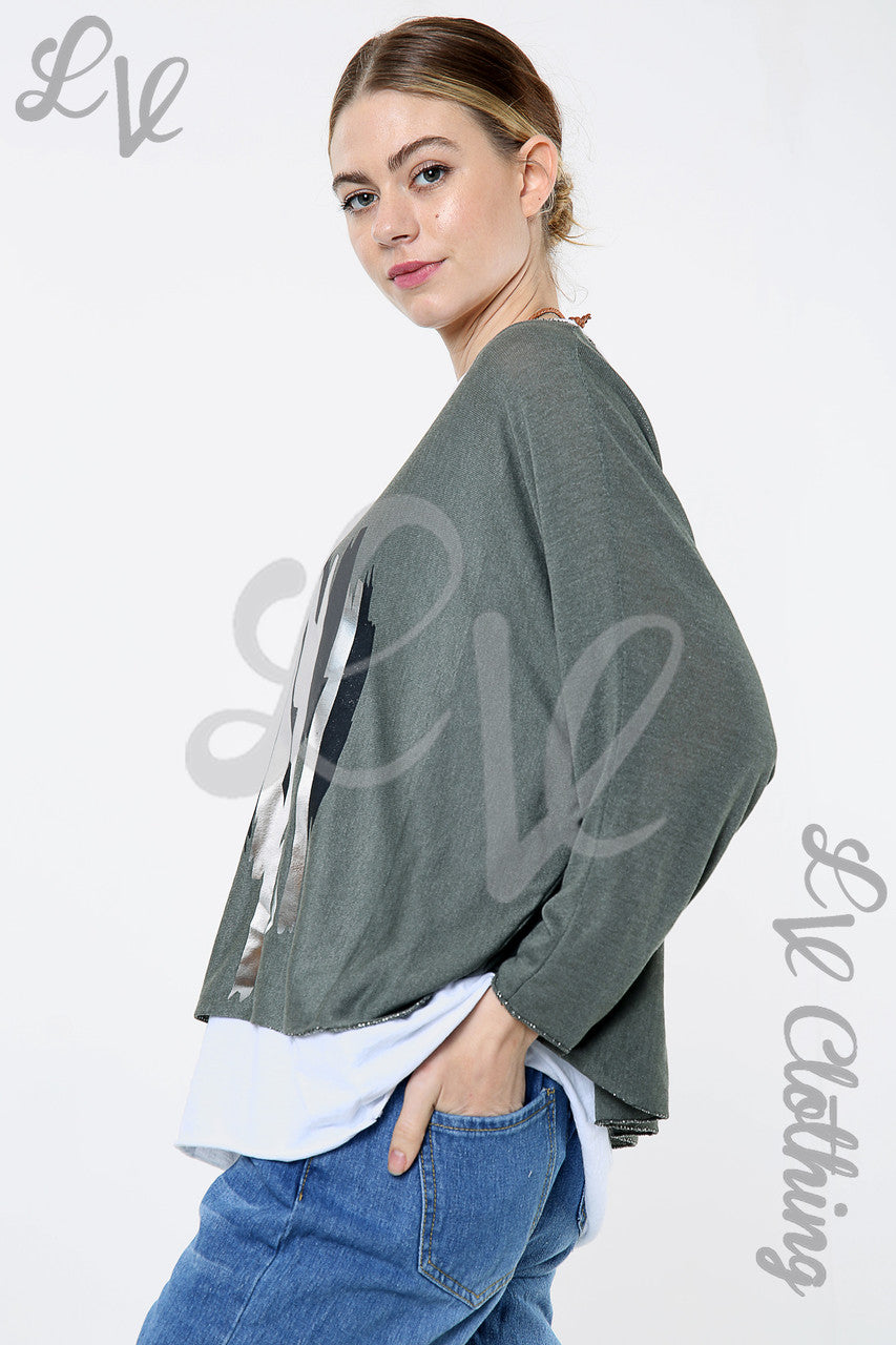 Ladies Two Layered Foil Lines Design Top Khaki Unit Price WAS £8.99 NOW £5.99
