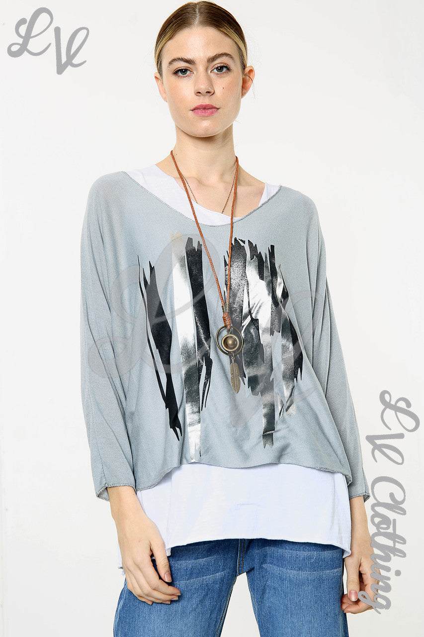 Dames Twee Laags Folie Lijnen Design Top Grijs Stukprijs WAS £8,99 NU £5,99