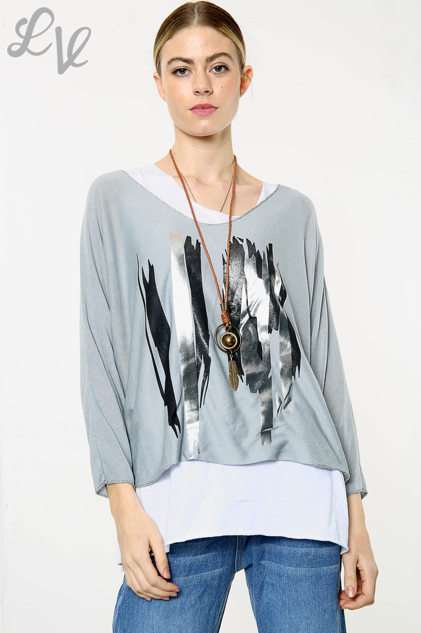 Dames Twee Laags Folie Lijnen Design Top Grijs Stukprijs WAS £8,99 NU £5,99