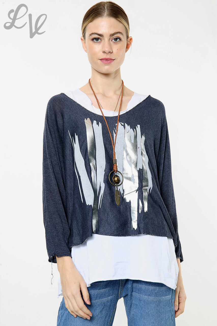 Dames Twee Laags Folie Lijnen Design Top Marineblauw Stuksprijs WAS €8,99 NU €5,99