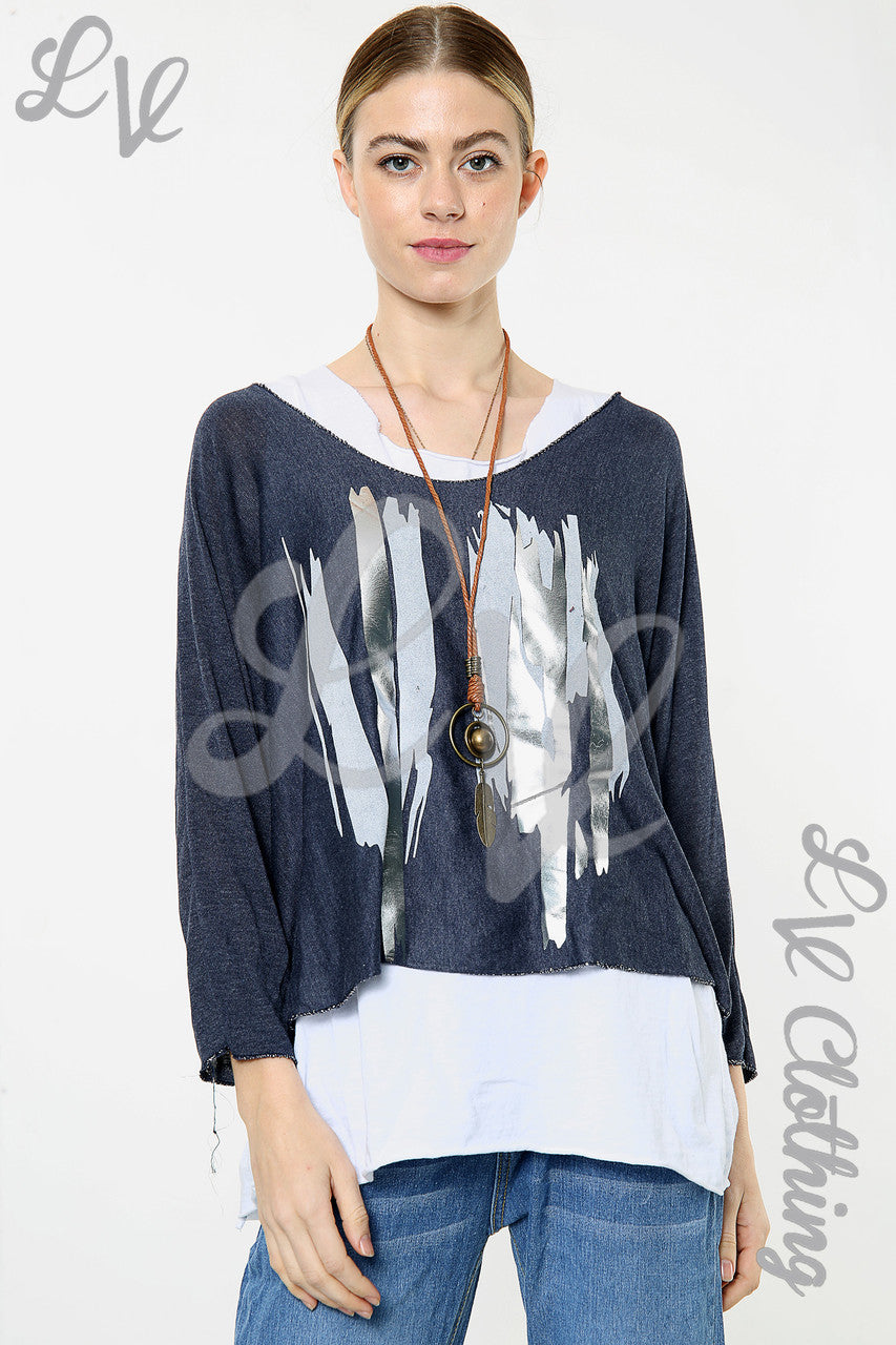 Dames Twee Laags Folie Lijnen Design Top Marineblauw Stuksprijs WAS €8,99 NU €5,99