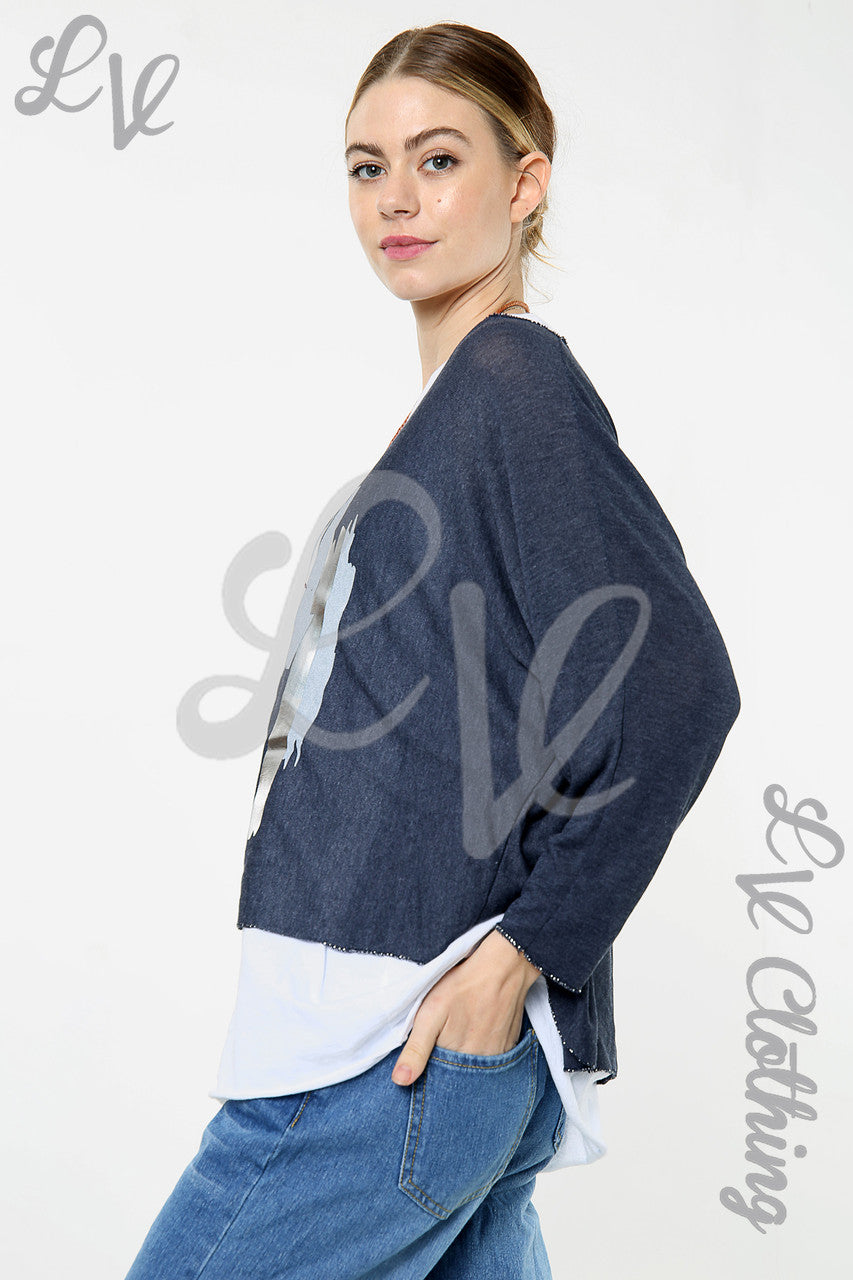 Dames Twee Laags Folie Lijnen Design Top Marineblauw Stuksprijs WAS €8,99 NU €5,99