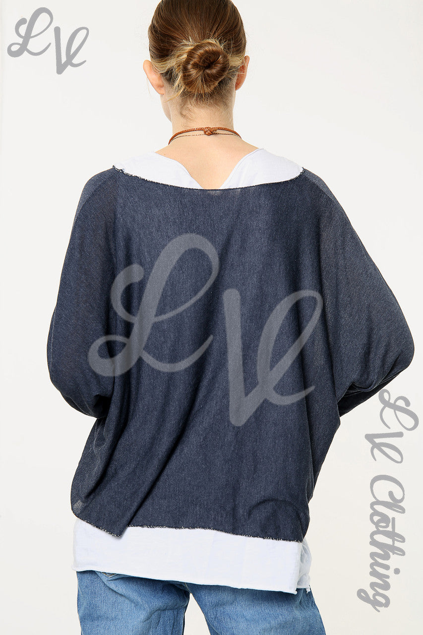 Dames Twee Laags Folie Lijnen Design Top Marineblauw Stuksprijs WAS €8,99 NU €5,99
