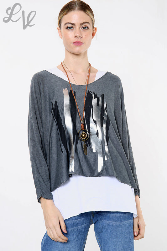Ladies Two Layered Foil Lines Design Top Charcoal Unit Price WAS £8.99 NOW £5.99