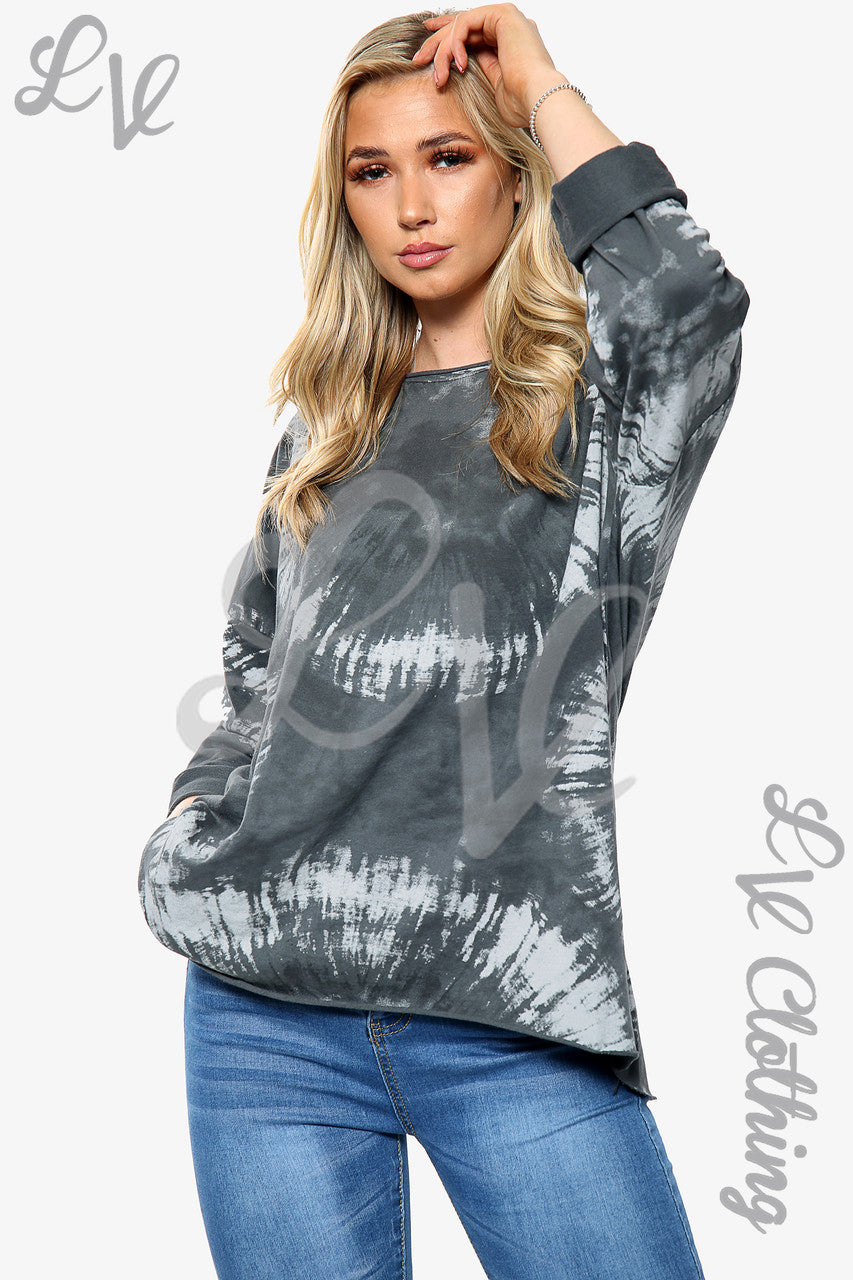 Dames Acid Wash Print Sweatshirt Top Houtskool Eenheidsprijs €10,99