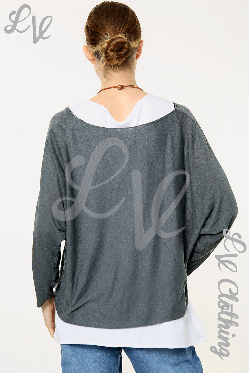 Ladies Two Layered Foil Lines Design Top Charcoal Unit Price WAS £8.99 NOW £5.99