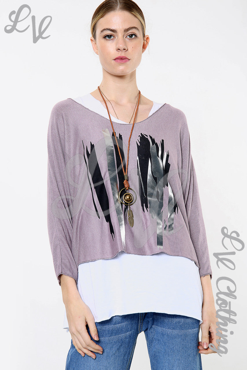 Dames top met twee lagen en foliedessin Mauve Eenheidsprijs € 12,99