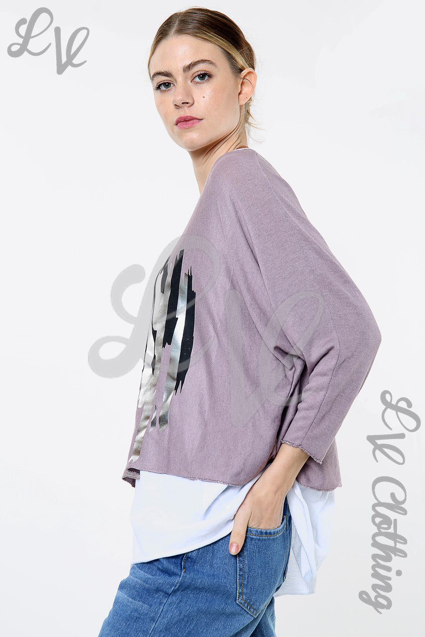 Dames top met twee lagen en foliedessin Mauve Eenheidsprijs € 12,99