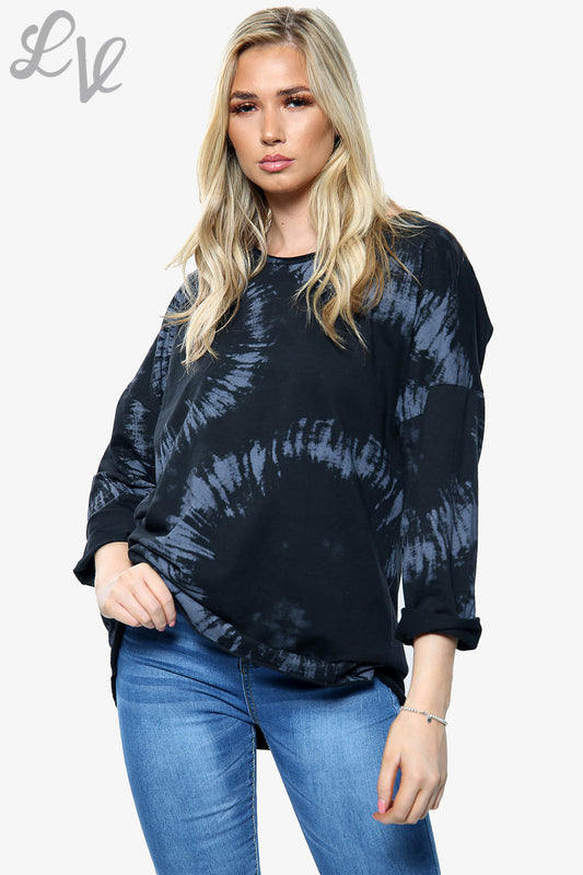 Black acid wash sweatshirt top with crew neck and long sleeves, relaxed fit