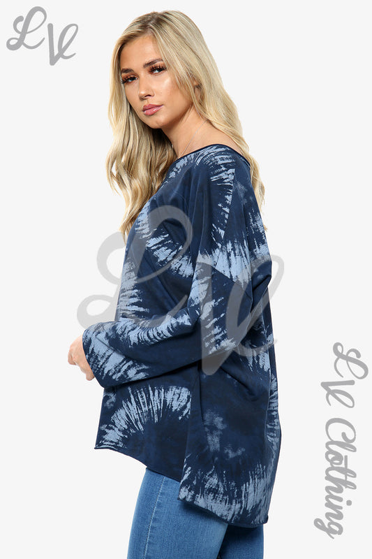 Navy acid-wash print sweatshirt with long sleeves and crew neck, side view