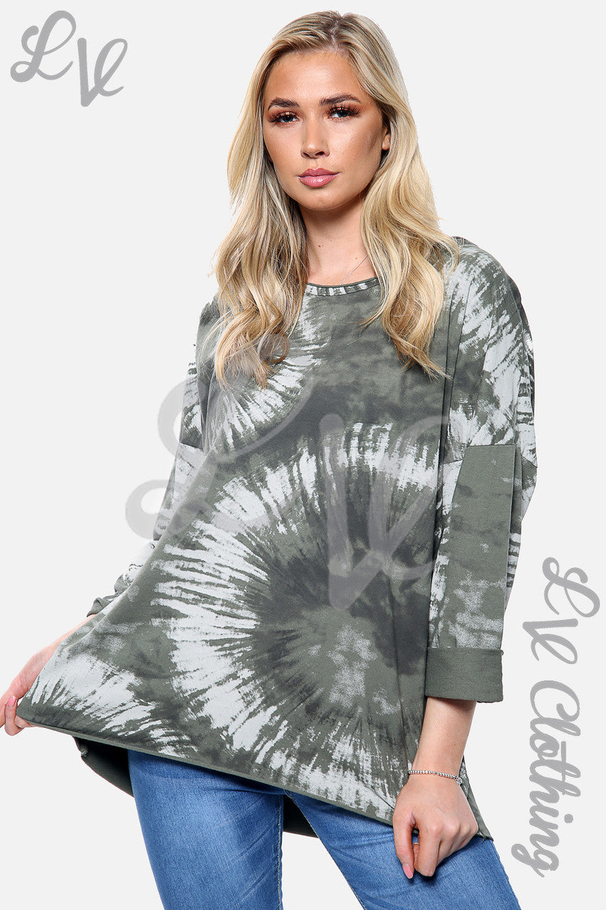 Dames Acid Wash Print Sweatshirt Top Kaki Stukprijs €10,99