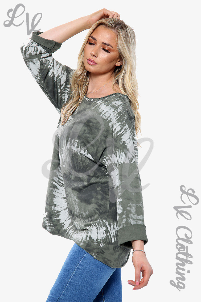 Dames Acid Wash Print Sweatshirt Top Kaki Stukprijs €10,99
