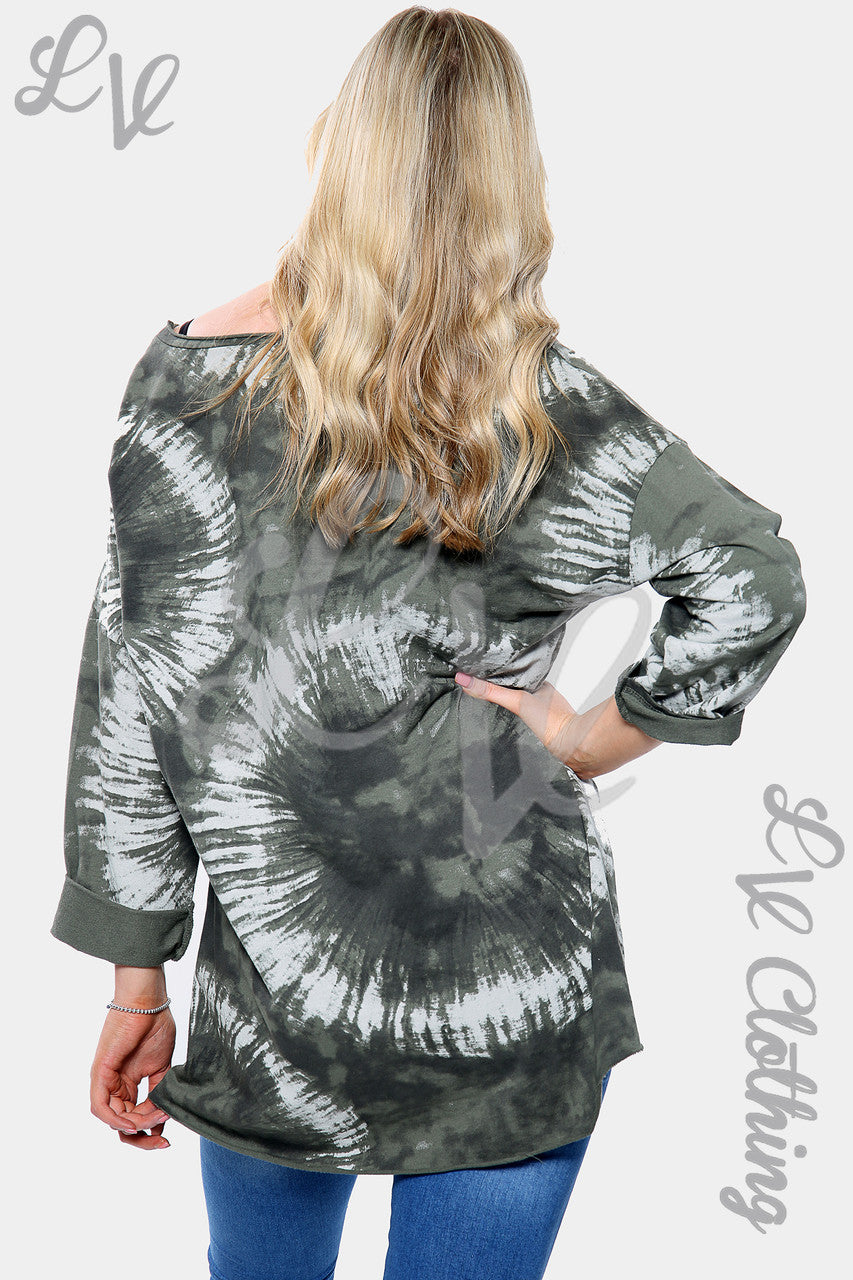 Dames Acid Wash Print Sweatshirt Top Kaki Stukprijs €10,99