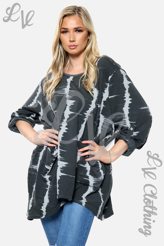 Oversized hi-lo tie-dye top with long sleeves, charcoal and white abstract stripes