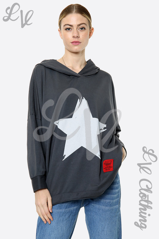 Charcoal hooded sweatshirt with white star graphic and red sleeve patch