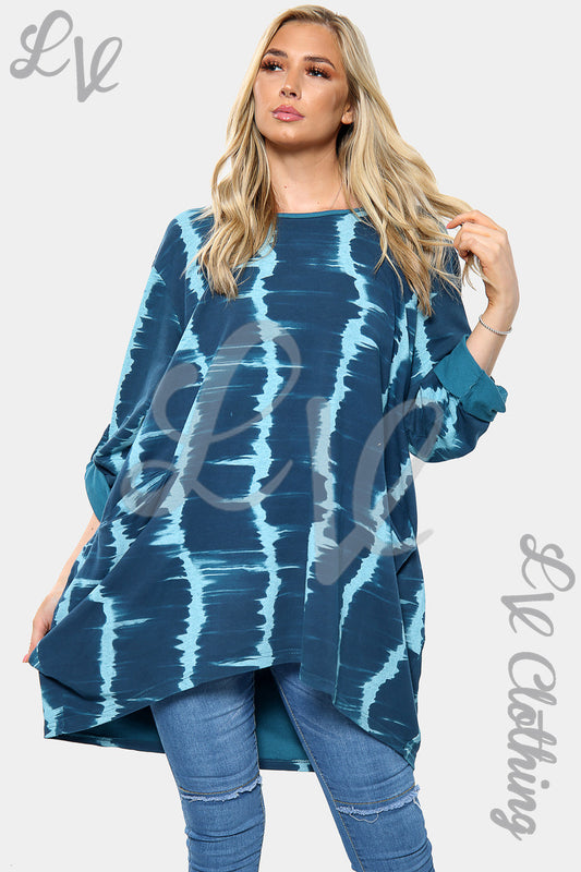 Teal tie-dye oversized hi-lo tunic top with long sleeves and asymmetrical hem