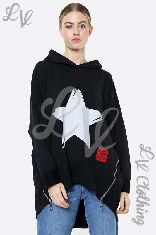 Black hooded sweatshirt with large white star graphic, front kangaroo pocket