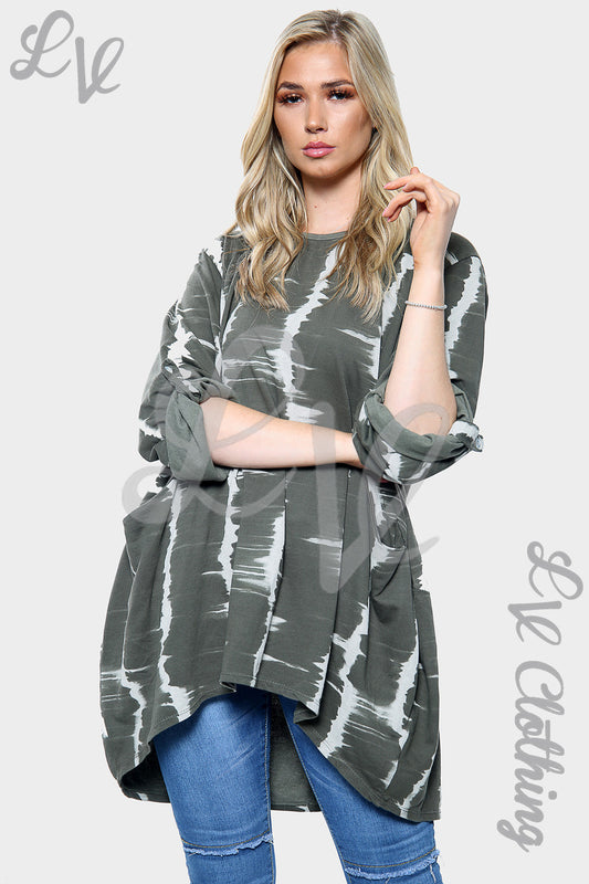 Women’s oversized tie-dye top in dark olive with white streaks, high-low hem, long sleeves