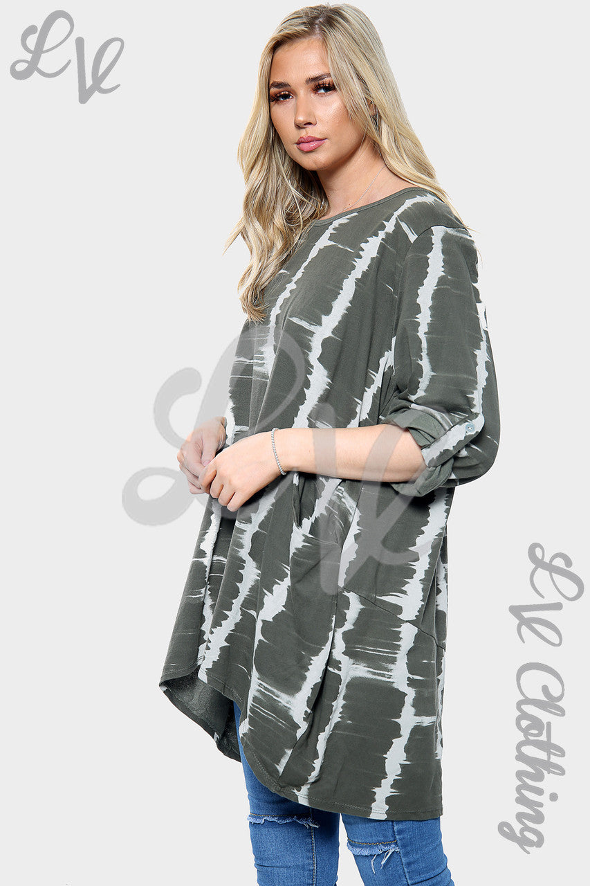 Dames Tie Dye Oversized HI LO Ketting Top Kaki - Stukprijs € 13,99