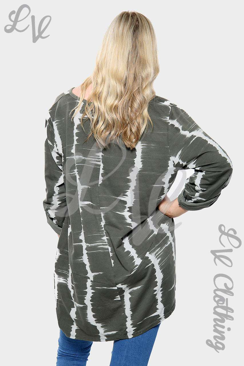 Dames Tie Dye Oversized HI LO Ketting Top Kaki - Stukprijs € 13,99
