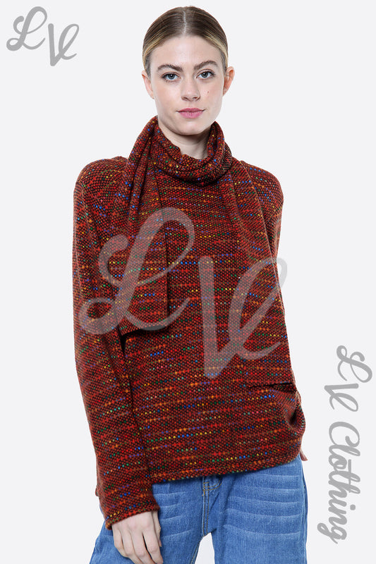 Rust multicoloured knit top with matching scarf-style cowl