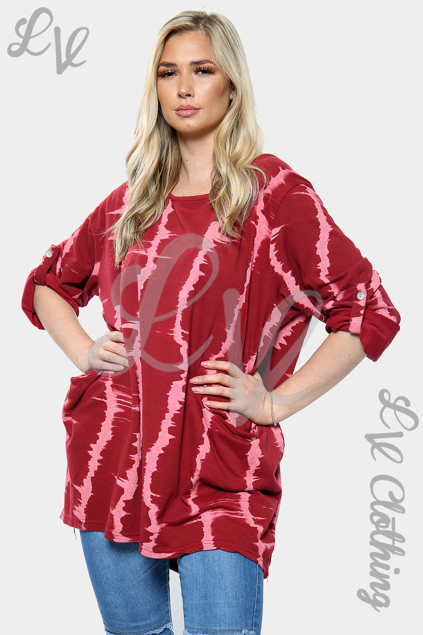 Ladies Tie Dye Oversized HI LO Necklace Top Burgundy - Unit Price £13.99
