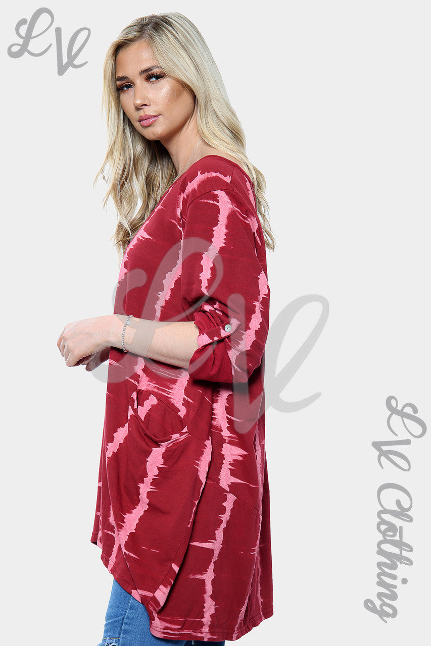 Ladies Tie Dye Oversized HI LO Necklace Top Burgundy - Unit Price £13.99