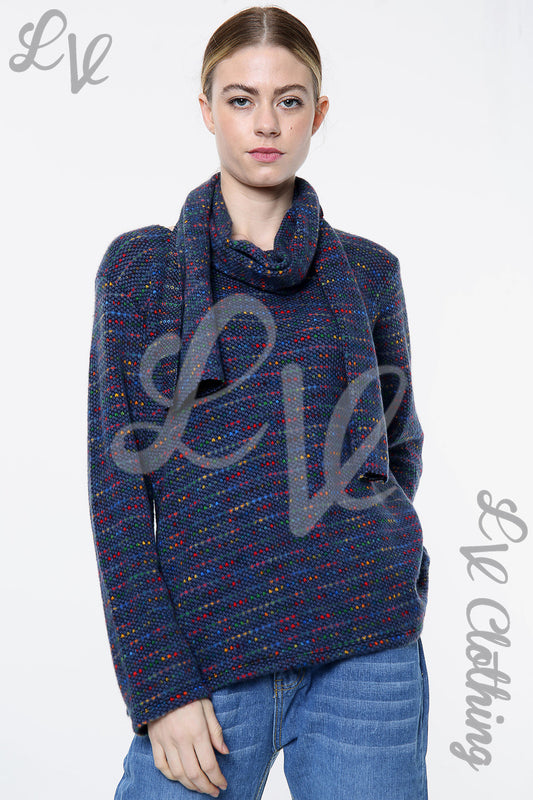 Multi-coloured knit top with scarf collar, dark navy and multicolour speckles