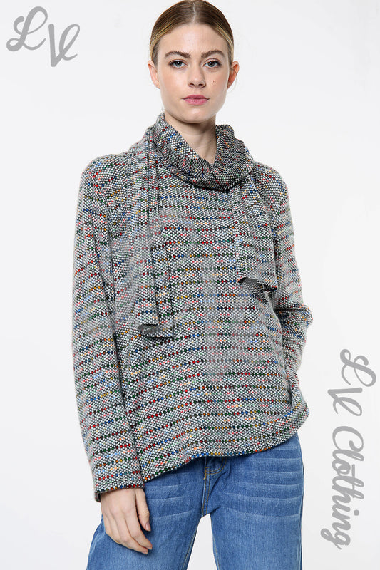 Knit top with attached matching scarf, grey cowl neck with multicolored stripes