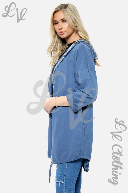 Denim blue hooded cardigan with drawstring hem and side tie cords, side view
