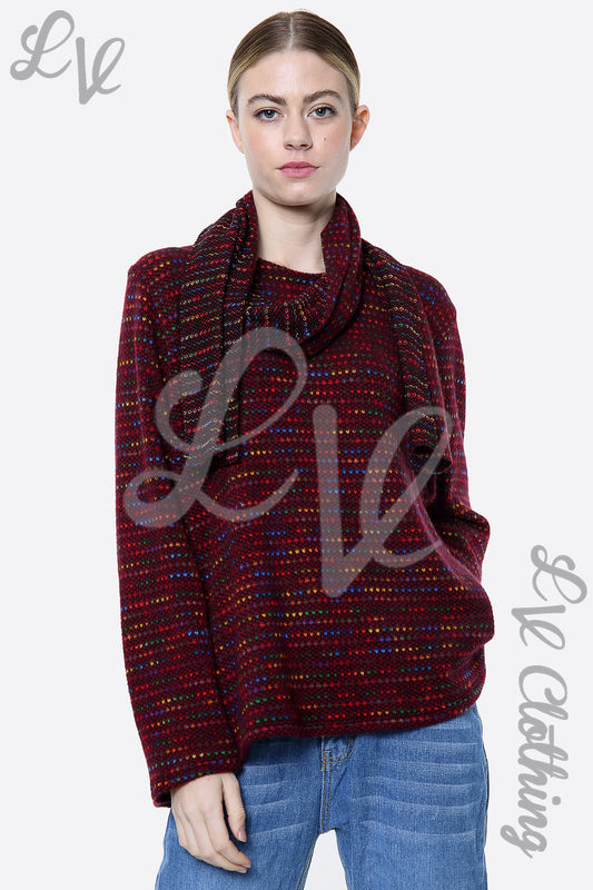 Burgundy multi-coloured knit top with cowl neck and matching scarf