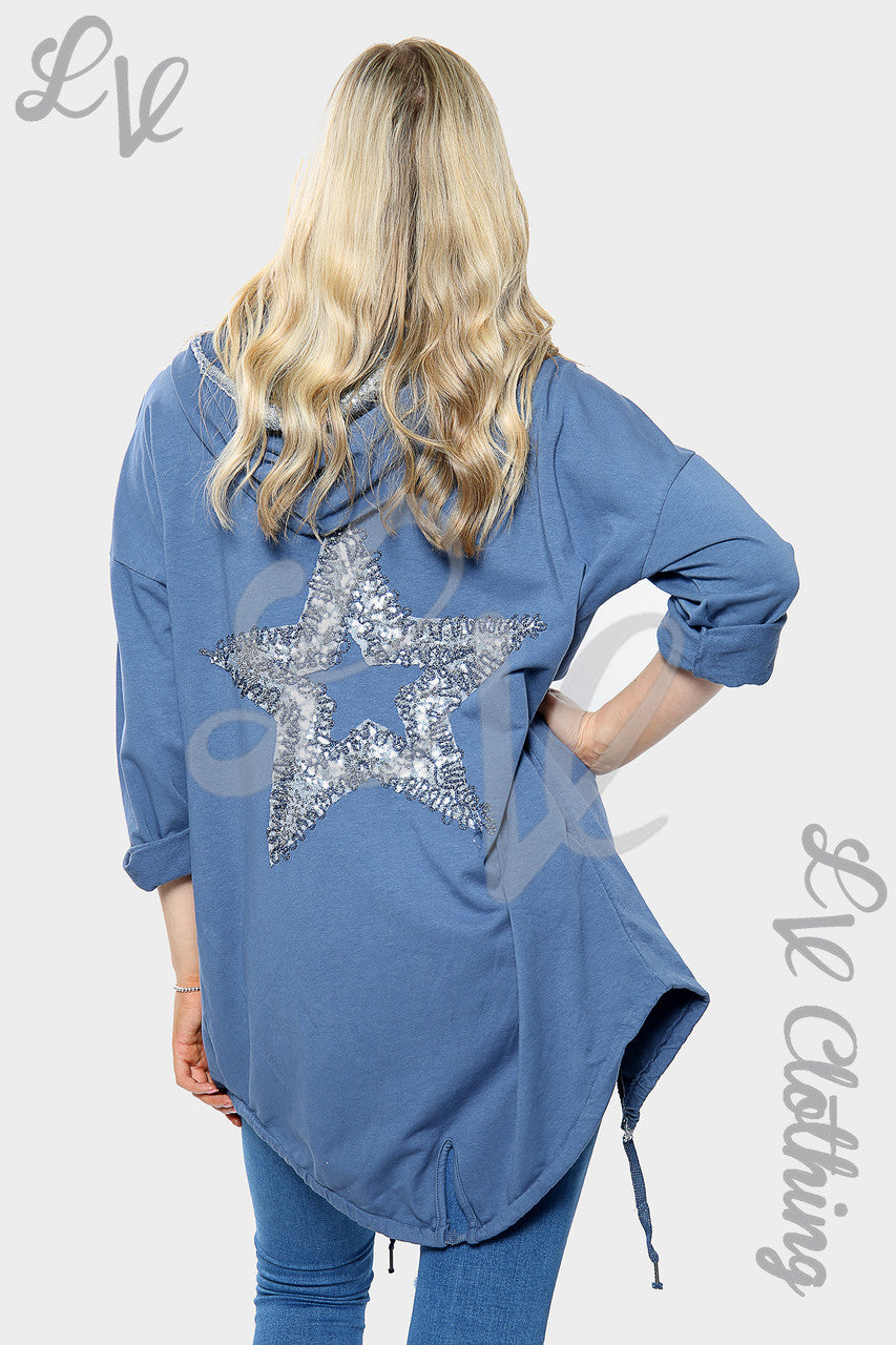 Dames cardigan met capuchon en lovertjesster op de rug, denim per stuk € 18,99
