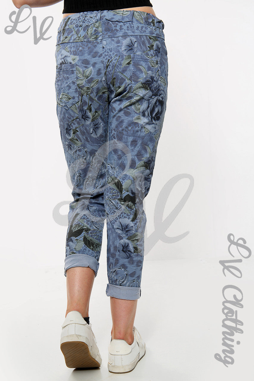 Dames Kreukel Joggingbroek met Bloemenprint Denim Stukprijs €10,99