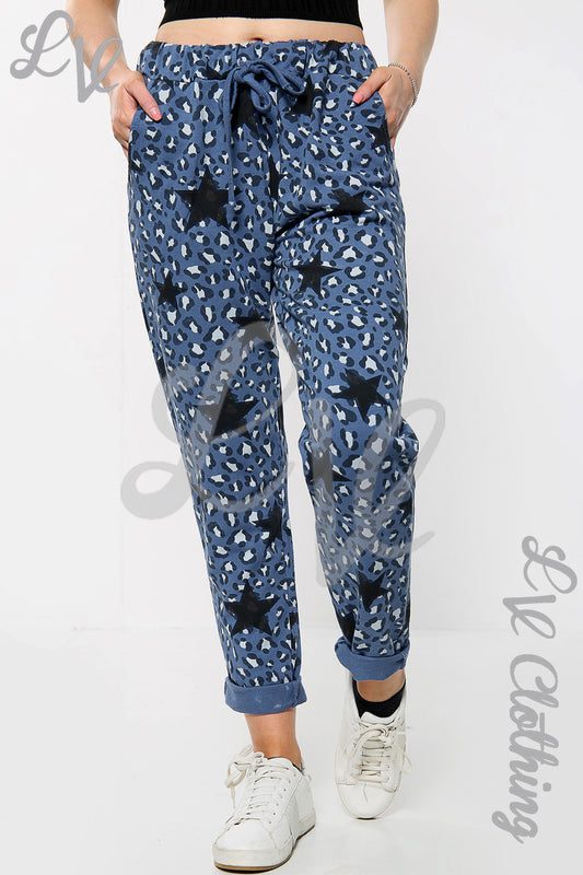 Navy leopard star print jogging pants with drawstring waist and cuffed ankle