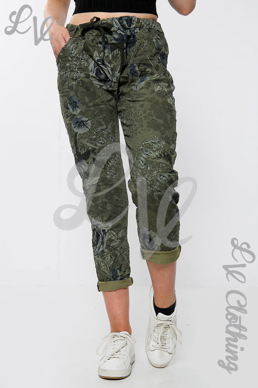 Floral crinkle jogger capri pants in olive green, elastic waistband, cuffed hem