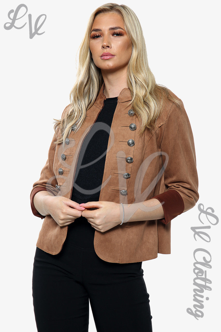 Dames suède jack met knoopdetail, tan, eenheidsprijs € 11,99