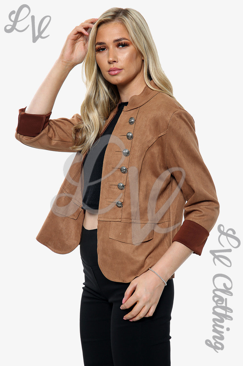 Dames suède jack met knoopdetail, tan, eenheidsprijs € 11,99