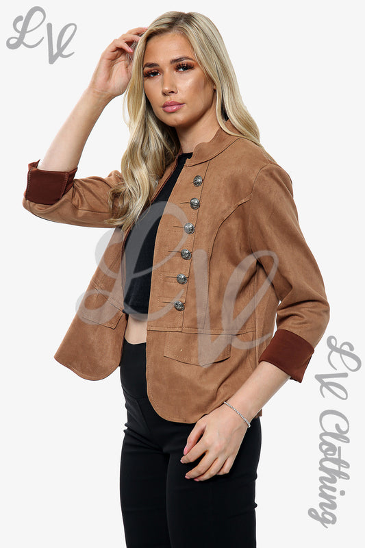 Tan suede cropped jacket with button front and dark sleeve cuffs