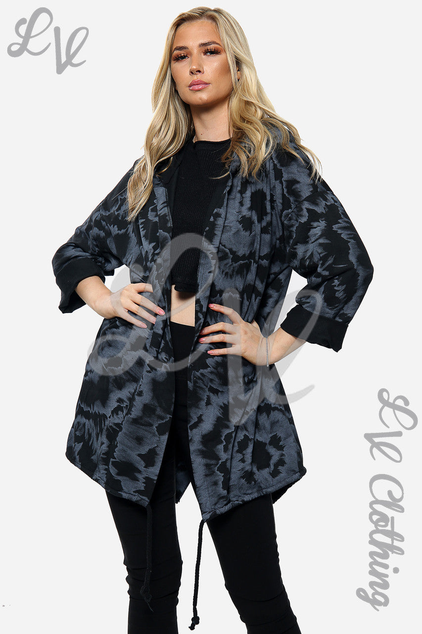 Ladies Tie Dye Print Hooded Cardigan Black Unit Price £18.99