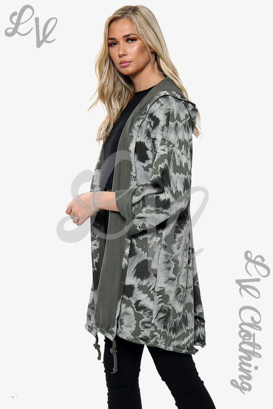 Hooded tie-dye cardigan with black-and-gray camo pattern, drawstring hem and sleeves