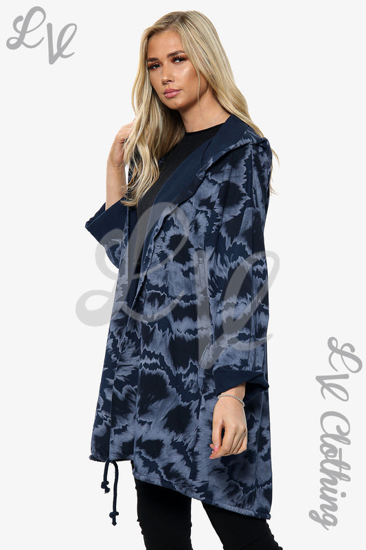 Navy tie-dye print hooded cardigan with front zip and drawstring hem